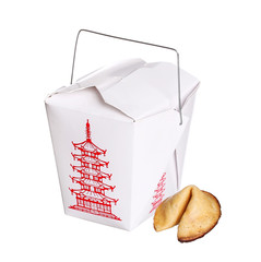 chinese food box container with fortune cookie isolated on white