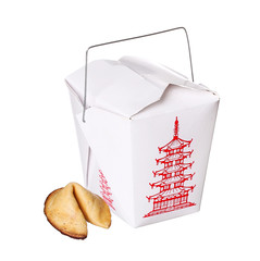 chinese food box container with fortune cookie isolated on white
