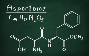 Chemical formula of Aspartame on a blackboard