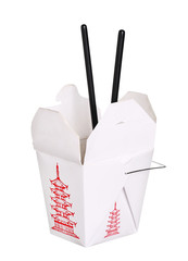 chinese food box container and chopsticks isolated on white back