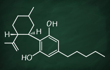 Chemical formula of Cannabidiol on a blackboard
