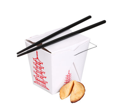 chinese food box container with fortune cookie and chopsticks is