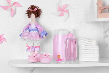 Baby accessories on shelves close-up
