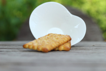 Tasty of crackers on wood table
