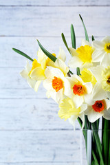 Fresh narcissus flowers on wooden background