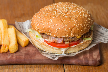 Delicious burger  on paper and fries