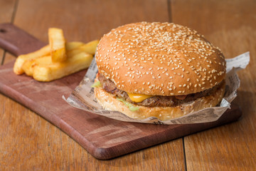 Delicious burger  on paper and fries