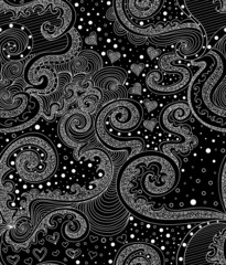 Abstract vector seamless with doodles, curling lines, hearts