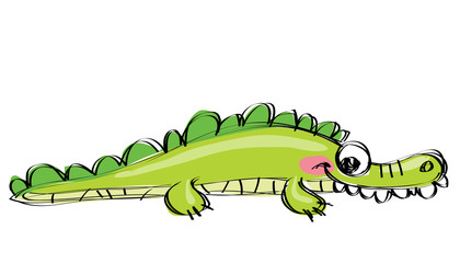 Cartoon green happy crocodile with funny teeth as children drawi