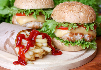 fast food Hamburger Burger Cheeseburger, fried potato and ketchu