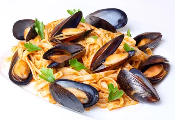 Printed kitchen splashbacks Sea Food   pasta with mussels seafood