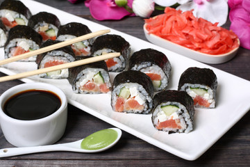 Japanese sushi rolls with salmon and tofu