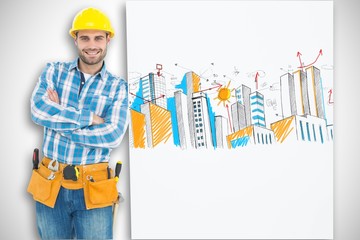 Composite image of confident repairman leaning on billboar