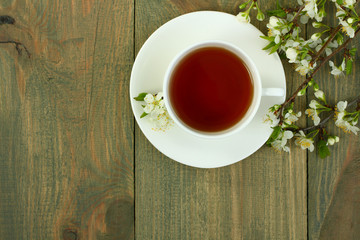 cup of tea and a branch of cherry blossoms on a 