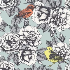 Wall murals Roses Seamless floral pattern with hand-drawn roses and birds. Vector