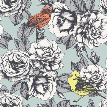 Seamless floral pattern with hand-drawn roses and birds. Vector