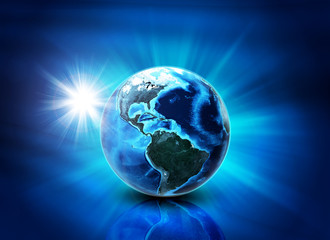 Earth on abstract blue background
