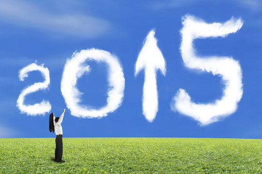 Businessman cheering 2015 arrow up shape clouds with sky grass