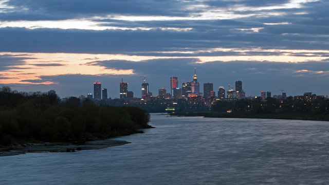 Fototapeta View of Warsaw by night from the river
