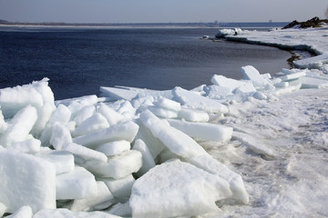breaking of the ice on the river in the spring
