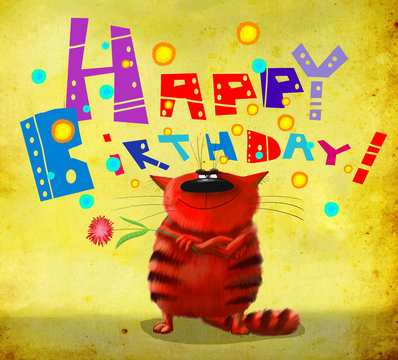 Happy Birthday Card Tough Cat with a Flower