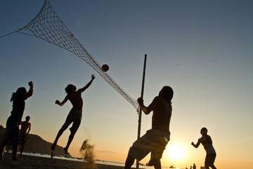 Beach volleyball silhouettes at a beach in Manabi, Ecuador