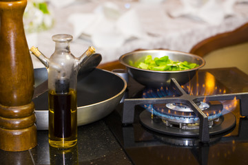 table gas stove frying pan kitchen tools