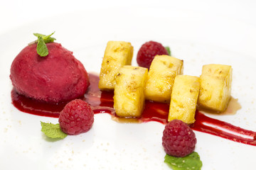 grilled pineapple with caramel sauce and sorbet