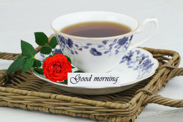 Good morning card with cup of tea and red wild rose