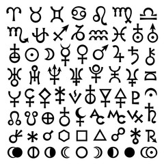Astrological Signs of Zodiac, Planets, Asteroids, Aspects, Lunar phases, etc. (The Big Set of Main Astrological Symbols, version 2).