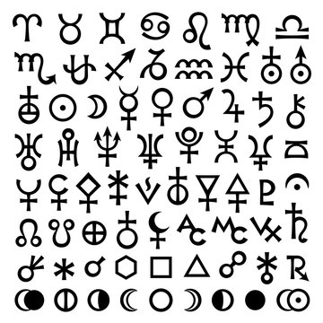 Astrological Signs of Zodiac, Planets, Asteroids, Aspects, Lunar phases, etc. (The Big Set of Main Astrological Symbols, version 2).