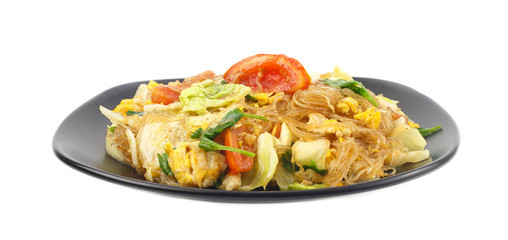 Dish of stir fried vegetables and mung bean noodles