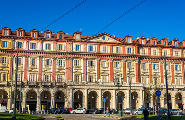 Fototapeta premium Historic buildings on Piazza Statuto in Turin - Italy