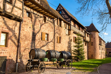 Naklejka na ściany i meble Cart with barrels at Riquewihr - Alsace, France