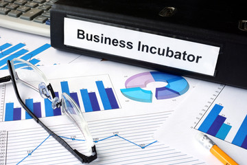 File folder with words Business Incubator and financial graphs. - obrazy, fototapety, plakaty