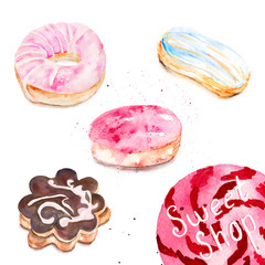 watercolor set of cookie, donut, choux pastry
