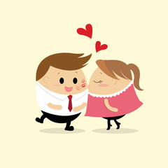 Vector of Chubby Businessman in love kissing cute girl
