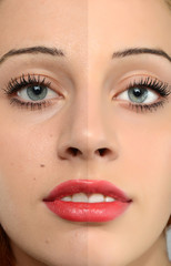 Fototapeta premium Comparison of a beautiful woman before and after retouching with photoshop, aging versus young, beauty treatment