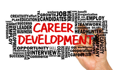 career development with related word cloud hand drawing on white