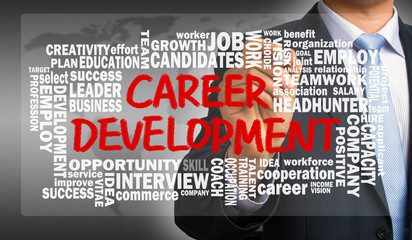 career development with related word cloud hand drawing by busin
