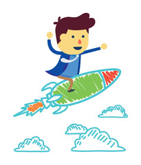 Businessman on rocket flying in space in drawing style