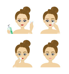 Set of 4 step of Woman Removing Makeup process
