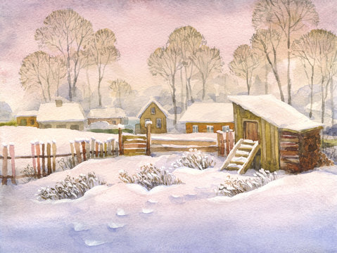 Watercolor landscape of old winter village