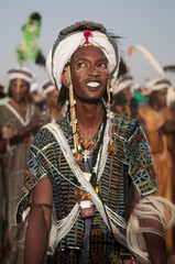 Wodaabe man dancing Yaake during Gerewol, Cure Salee, Niger - obrazy, fototapety, plakaty