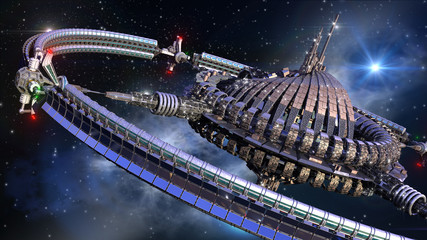Interstellar spaceship with dome core and gravitation wheel © 3000ad