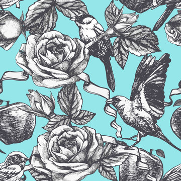 Seamless pattern with hand drawn roses, apples and birds. Vector