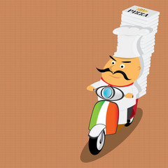 Funny italian chef delivering pizza on moped