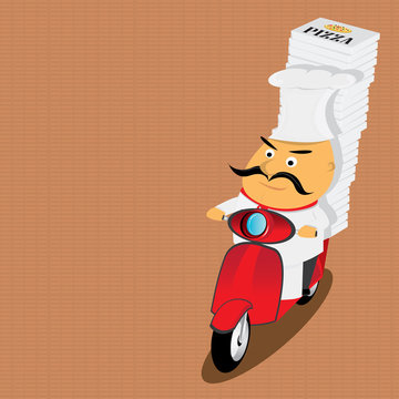 Funny italian chef delivering pizza on moped