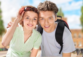 Naklejka premium Tourist. Young man and woman 02