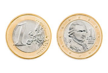 Close up front and back of one euro coin isolated